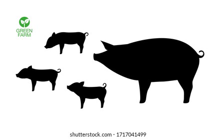 Farm Animal Pig with Funny Piggy. Little Piglet. Vector Icon Set. Silhouette.