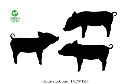 Schweinefleisch von Zuchttieren. Funny Piggy. Kleines Schweinchen. Vektorillustration Symbol Silhouette Set.
