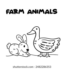 Farm Animal Rabbit and duck printable coloring page for  kids