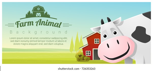 Farm animal and Rural landscape background with cow , vector , illustration