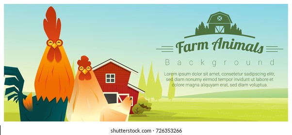 Farm Animal And Rural Landscape Background With Chicken , Vector , Illustration