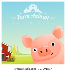 Farm animal and Rural landscape background with pig , vector , illustration