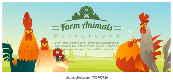 Farm Animal And Rural Landscape Background With Chickens , Vector , Illustration