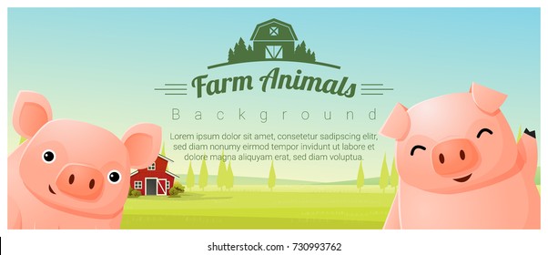 Farm animal and Rural landscape background with pigs , vector , illustration