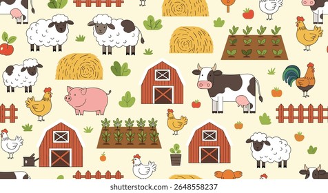 Farm Animal Scenery Seamless Pattern Pastoral Landscape Backdrop Design Idea