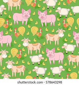 Farm animal. Seamless pattern with pig, cow, cock, chicken and sheep on a natural background. 