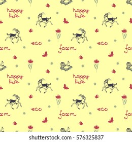 Farm animal seamless pattern. Vector background. Happy life, goat, hen, flower, butterfly and star.