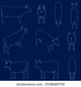 Farm Animal Set. Cow contour illustration. Beef animal outline art cow beef cattle.