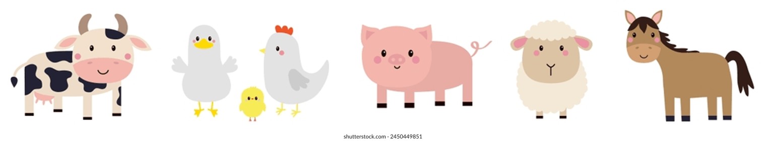 Fila de animales de granja. Ovejas, cerdos, vacas, gallinas, pájaros de pato, íconos de caballos. Lindo personaje de dibujos animados kawaii bebé divertido. Decoración de vivero. Educación infantil. Diseño plano. Fondo blanco. Aislado. Vector