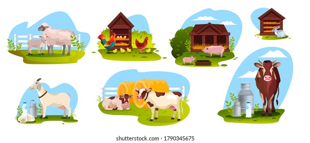 Farm animal set with sheep, cow, goat, pig, rooster, rabbit isolated on white. Agriculture farming illustration collection with domestic animals in flat style. Dairy products vector concepts