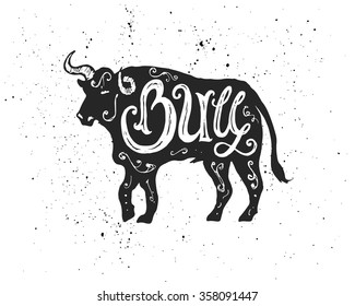 Farm animal silhouette with Bull hand lettering inscription. Ink spots on white background.