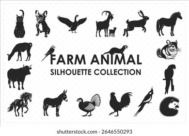 Farm animal silhouette collection featuring cow, goat, horse, sheep etc. in various rural poses.