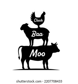 Farm animal silhouette poster. Cluck, Baa, Moo - animals voice lettering. Vector illustration. Farm animals silhouettes
