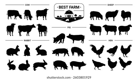 Farm animal silhouette set. Farming animals, sheep, rabbits, pigs, cows and hen. Isolated silhouette icon collection. Vector illustration