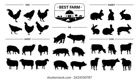 Farm animal silhouette set. Farming animals, sheep, rabbits, pigs, cows and hen. Isolated silhouette icon collection. Vector illustration