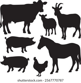 farm animal silhouette set vector art illustration