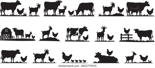 Farm Animal Silhouettes Collection Vector Illustrations with Cows Goats and Chickens