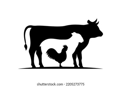 Farm animal silhouettes. Cow, Sheep, Rooster black silhouettes. Vector illustration. Farm animals character set