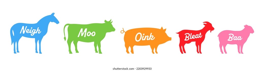 Farm animal silhouettes with hand draw lettering. Neigh, Moo, Oink, Bleat, Baa - animals voice lettering. Farm animals silhouettes