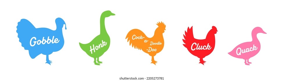 Farm animal silhouettes with hand draw lettering. Gobble, Honk, Cock-a-doodle-doo, Cluck, Quack - animals voice lettering. Farm animals silhouettes svg