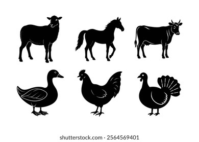 Farm Animal Silhouettes Illustrations- Sheep,Horse,Cow,Duck,Chicken and Turkey.