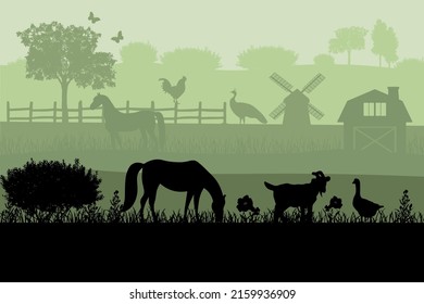 Farm animal silhouettes landscape vector