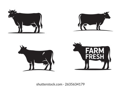 Farm animal silhouettes vector collection: cow, pig, sheep, and chicken illustrations