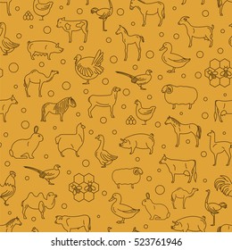 Farm animal thin line collection. Seamless patten. Flat design. Vector illustration