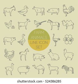 Farm animal thin line collection. 25 icon set. Flat design. Vector illustration