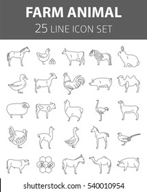 Farm Animal Thin Line Collection. 25 Icon Set. Flat Design. Vector Illustration