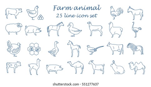 Farm animal thin line collection. 25 icon set. Flat design. Vector illustration