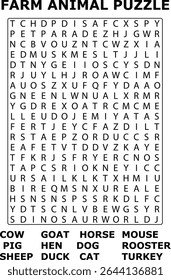 And Farm Animal Word Search Puzzle Featuring Cow Goat Horse Mouse Pig Hen Dog Rooster Sheep Duck Cat Turkey