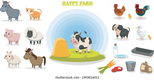 Farm animals in 2D, location and feed isolated on white background. Vector illustration. Grouped animals for animation of cartoon or games: lamb, kid, cow, donkey, duck and others.