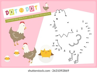 Farm Animals activities for kids. Dot to dot game – chicken. Connect the dots. Numbers games for kids. Coloring page. Vector illustration. Learning numbers. Fine motor skills. Page for activity book.