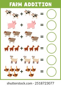 Farm animals addition worksheet for kids. Math activity page with cute farm characters. Calculate and write the result sheet for school and preschool. Vector illustration