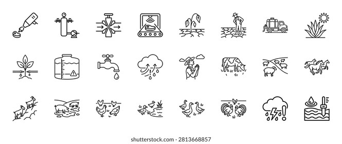 Farm animals and agricultural systems linear icons set. farming concepts, covering livestock, irrigation, weather, and rural life. sustainable practices