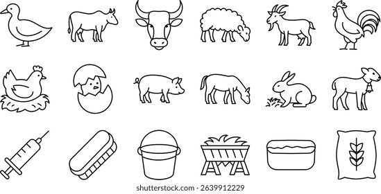 Farm Animals and Agriculture Outline Icon Collection. Featuring Livestock, Poultry, Feeding, and More. Editable Stroke Icons.