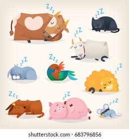 Farm animals asleep. Vector illustrations for children books or posters.