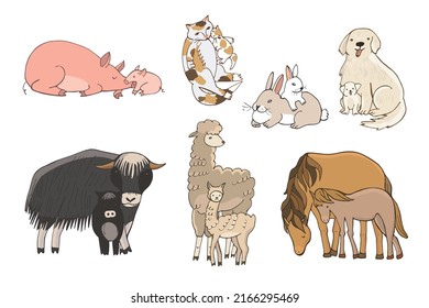 Farm animals with babies vector illustrations set