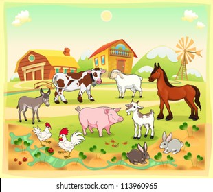 Farm animals with background. Vector and cartoon illustration.