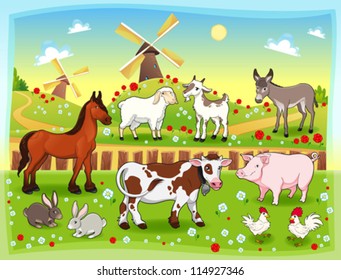 Farm animals with background. Vector and cartoon illustration.