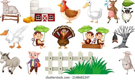 Farm animals and barn building illustration