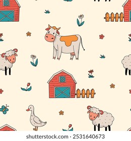 Farm animals and barns seamless pattern for nursery prints, wallpaper, backgrounds, scrapbooking, stationery, wrapping paper, textile, kitchenware, etc. EPS 10