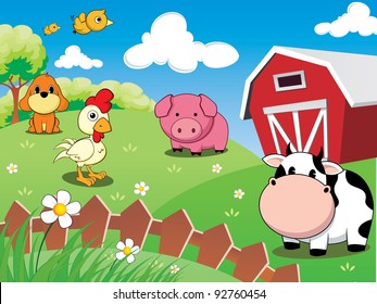 Farm Animals In The Barnyard : Cow, Pig, Chicken, Dog, And Cute Birds.