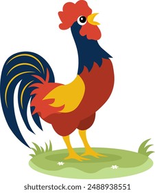 Farm Animals. A beautiful rooster sings on the grass on a white background. Baby flat vector illustration.