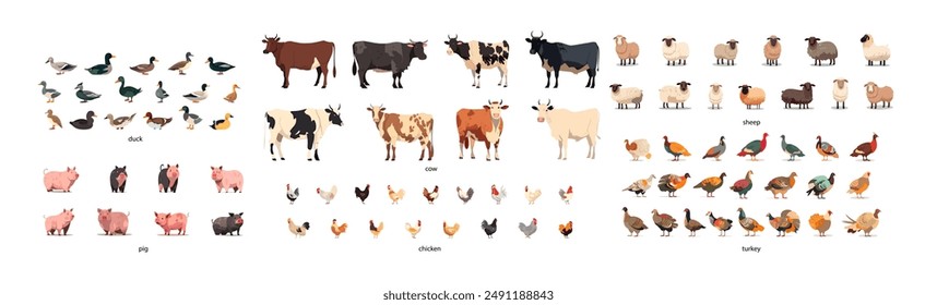 Animales de granja. Conjunto grande de 94 ilustraciones para materiales educativos, publicaciones agrícolas o libros infantiles. Vector aislado