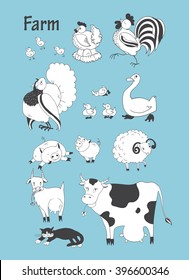 Farm animals big set. Chicken , rooster , turkey, duck, goose , pig, sheep , goat, cow, cat. Vector illustration