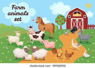 Animais de fazenda e pássaros com casa de celeiro. Ilustração vetorial. Conceito agrícola. Animais bonitos dos desenhos animados na grama prado.