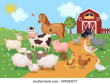 Farm Animals And Birds With Barn House. Vector Illustration. Agriculture Concept. Cute Cartoon Animals On Meadow Grass.