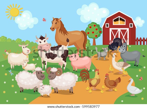 納屋の家を持つ家畜や鳥 ベクターイラスト 農業のコンセプト 牧草地にかわいい漫画の動物 のベクター画像素材 ロイヤリティフリー